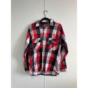 VTG FiveBrother Shirt Mens Large Red Black Plaid Flannel Long Sleeve 2000s